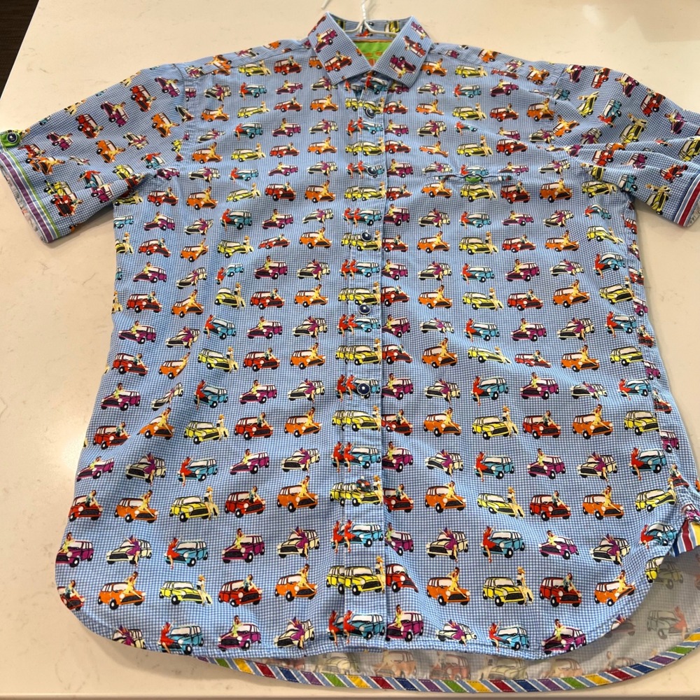 Luchiano Visconti Black Mens Blue Gingham Pinup Girl Car Print Shirt Small